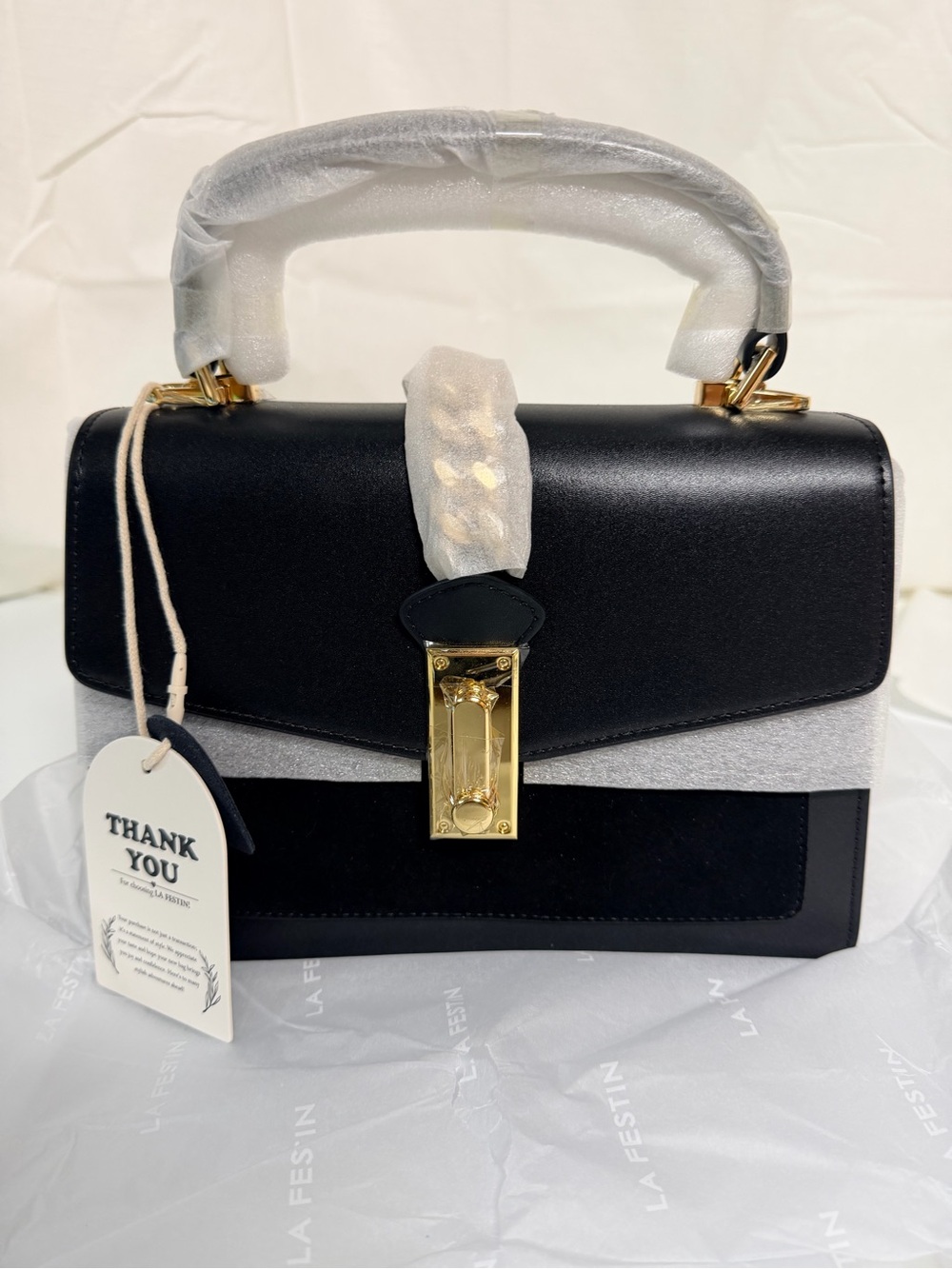 Structured Top-Handle Women’s Leather Bag in Black with Gold Accent